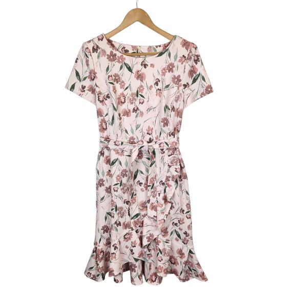 Calvin Klein Women's Short Sleeve Ruffle Hem Tie Belted Dress Pink Size 10 - Picture 3 of 11